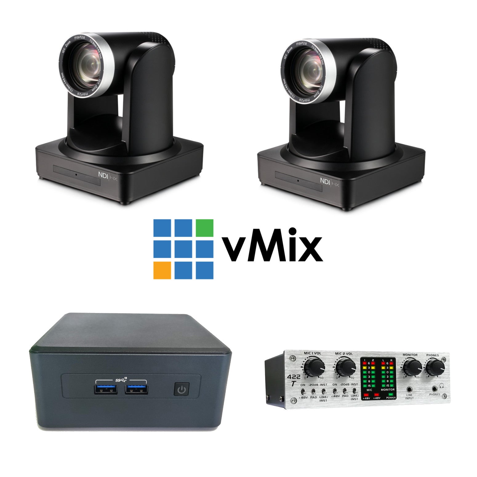 PTZCam CamKit2 NDI - Two PTZ Cameras with vMix Mini Switcher.