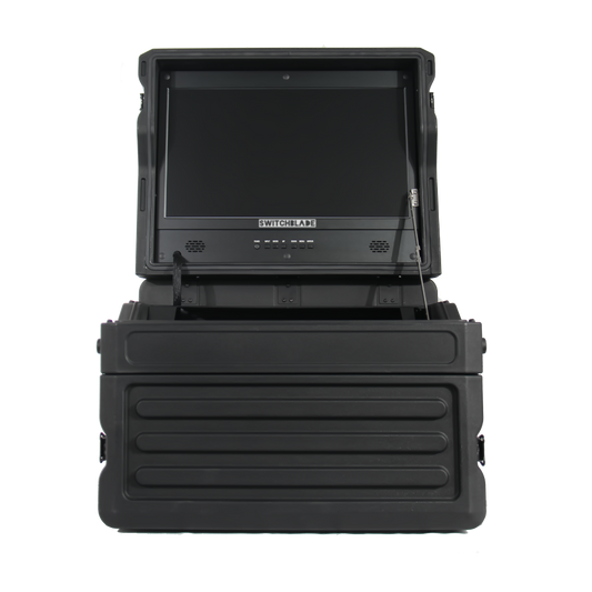 Switchblade GoRack 422 - Portable Broadcasting 4U Rack Case with 21.5-inch Monitor and Control Panel Workspace.