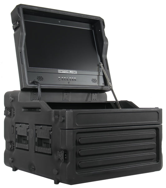 Switchblade GoRack 422 - Portable Broadcasting 4U Rack Case with 21.5-inch Monitor and Control Panel Workspace.