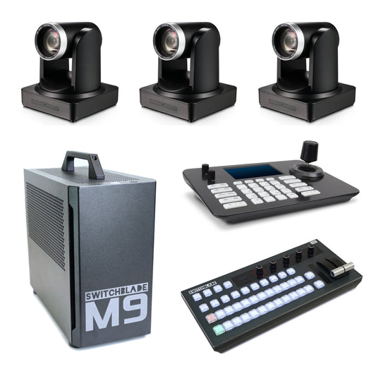 Switchblade M9 vMix switcher bundle with Three (3) PTZ 20X Zoom Cameras, Control Surface & PTZ Controller.