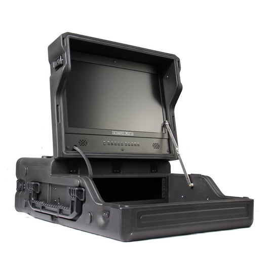 Switchblade GoRack 322 - Portable Broadcasting 3U Rack Case with 21.5-inch Monitor and Control Panel Workspace.