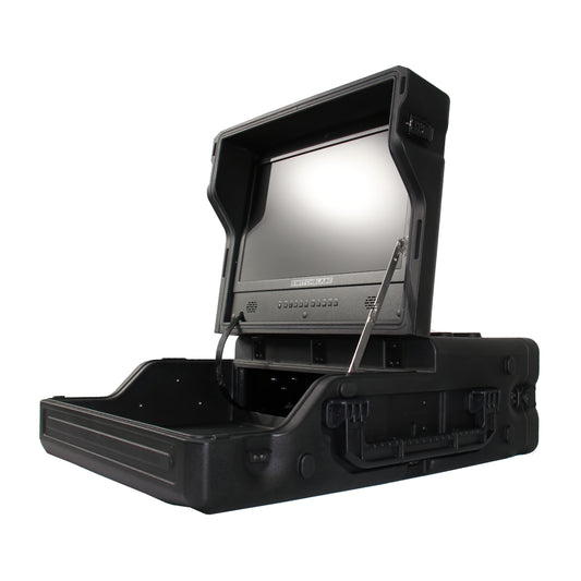 Switchblade GoRack 322 - Portable Broadcasting 3U Rack Case with 21.5-inch Monitor and Control Panel Workspace.