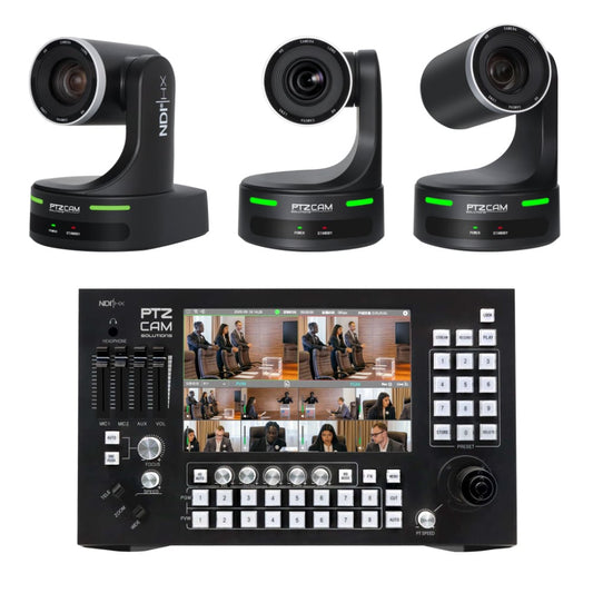 PTZCam Switch N8 NDI Switcher Bundle with Three 20X Optical Zoom PTZ Cameras.
