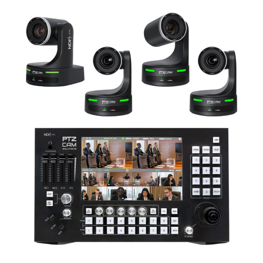PTZCam Switch N8 Bundle with Four (4) 20X Zoom NDI|HX2 PTZ Cameras.