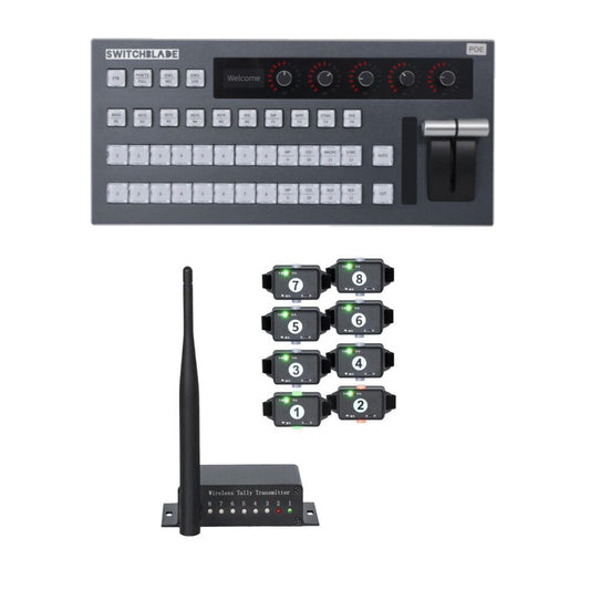 PTZCam TALLY8 Wireless Tally System with Switchblade VMC12 vMix Control Surface.