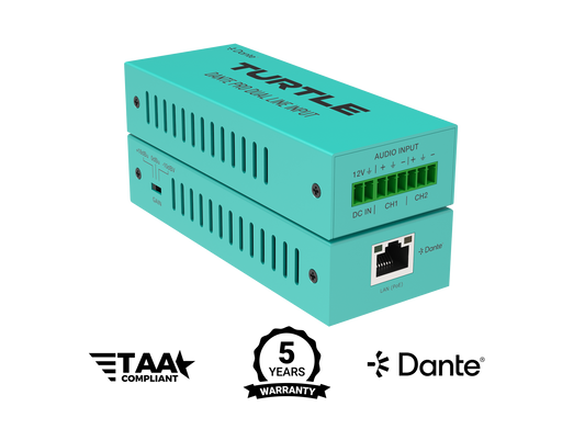 Turtle Dante Pro Dual Channel Analog Line Output Adapter with Gain Controls.