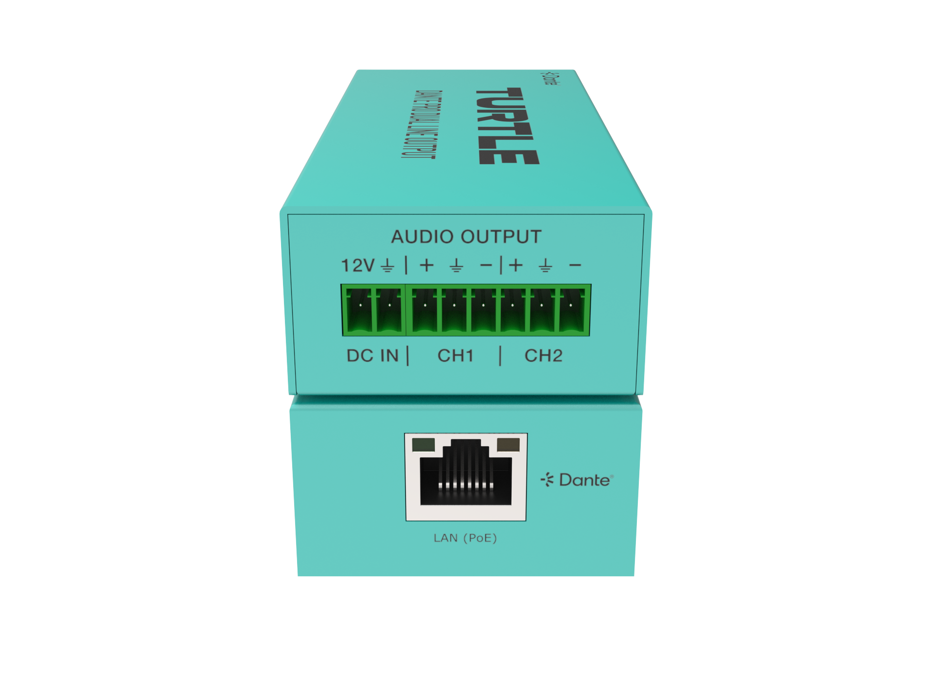 Turtle Dante Pro Dual Channel Analog Line Output Adapter with Gain Controls.