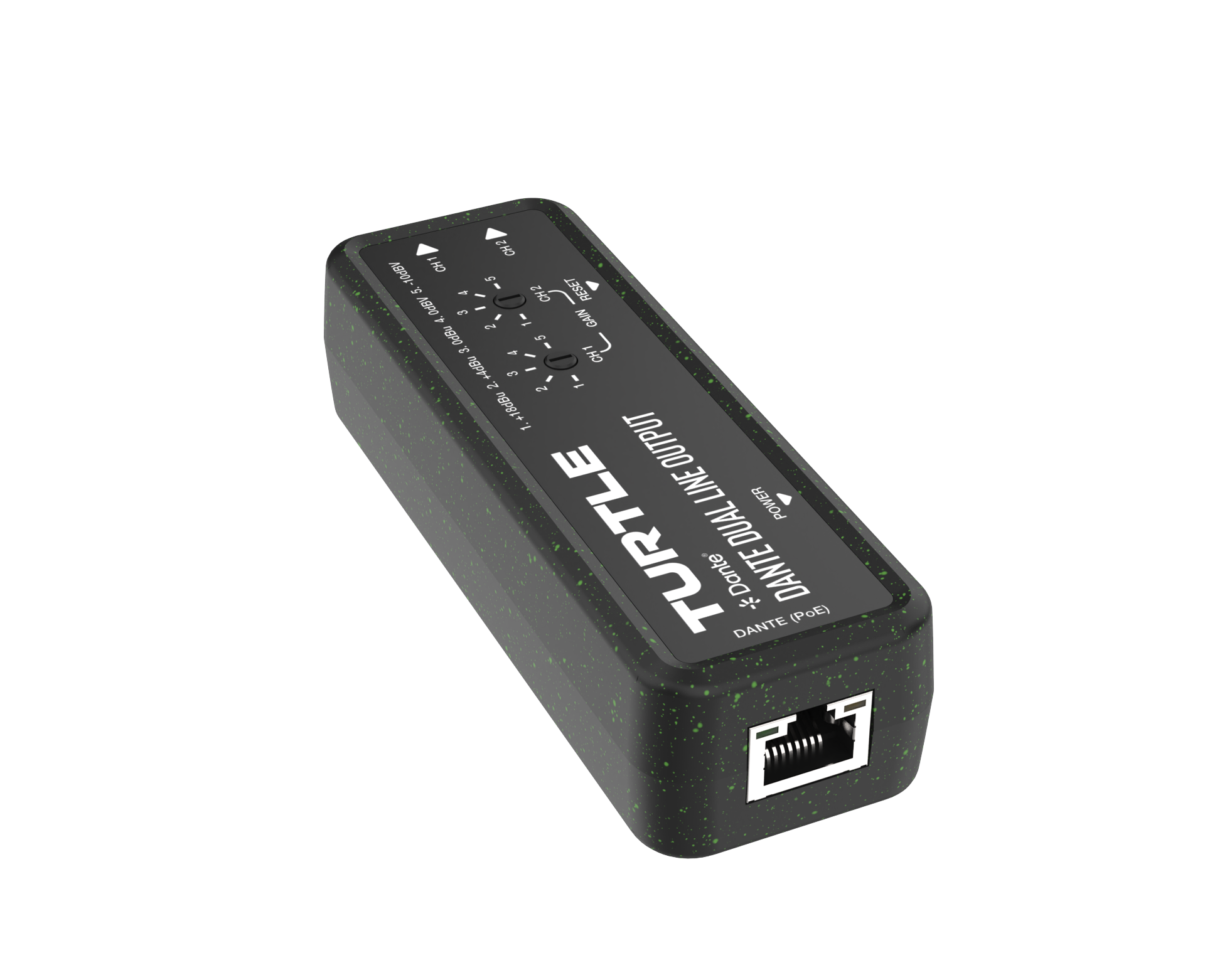 Turtle Dante Dual Channel Analog Line Output Adapter with Gain Controls.