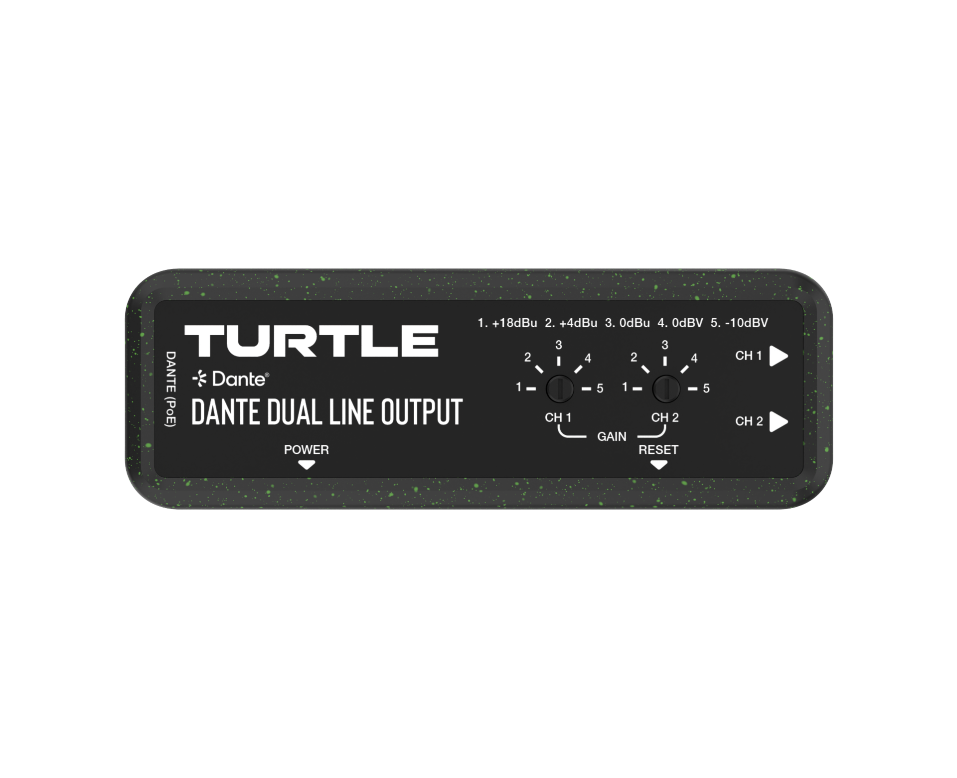 Turtle Dante Dual Channel Analog Line Output Adapter with Gain Controls.