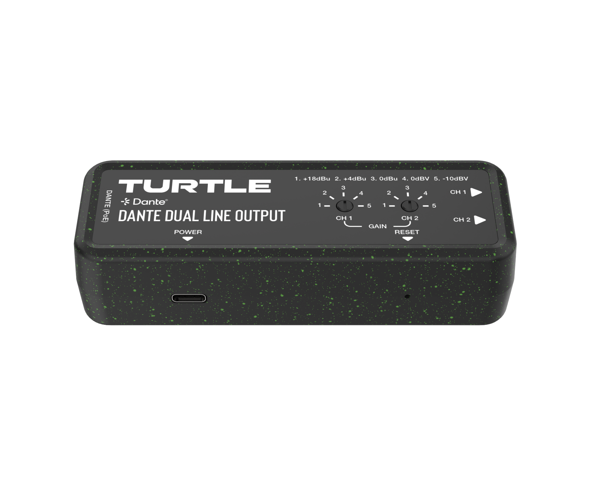 Turtle Dante Dual Channel Analog Line Output Adapter with Gain Controls.