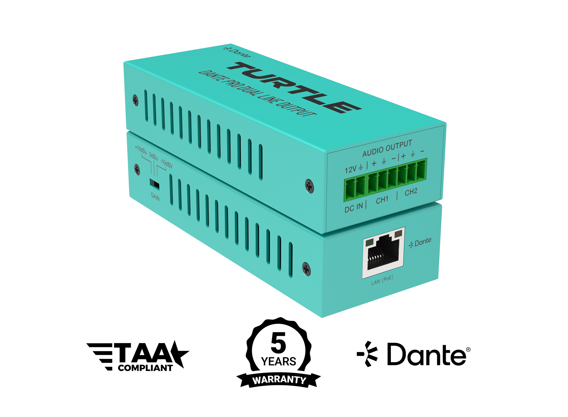 Turtle Dante Pro Dual Channel Analog Line Input Adapter with Gain Control.