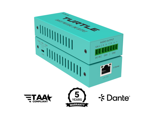 Turtle Dante Pro Dual Channel Analog Line Input Adapter with Gain Control.