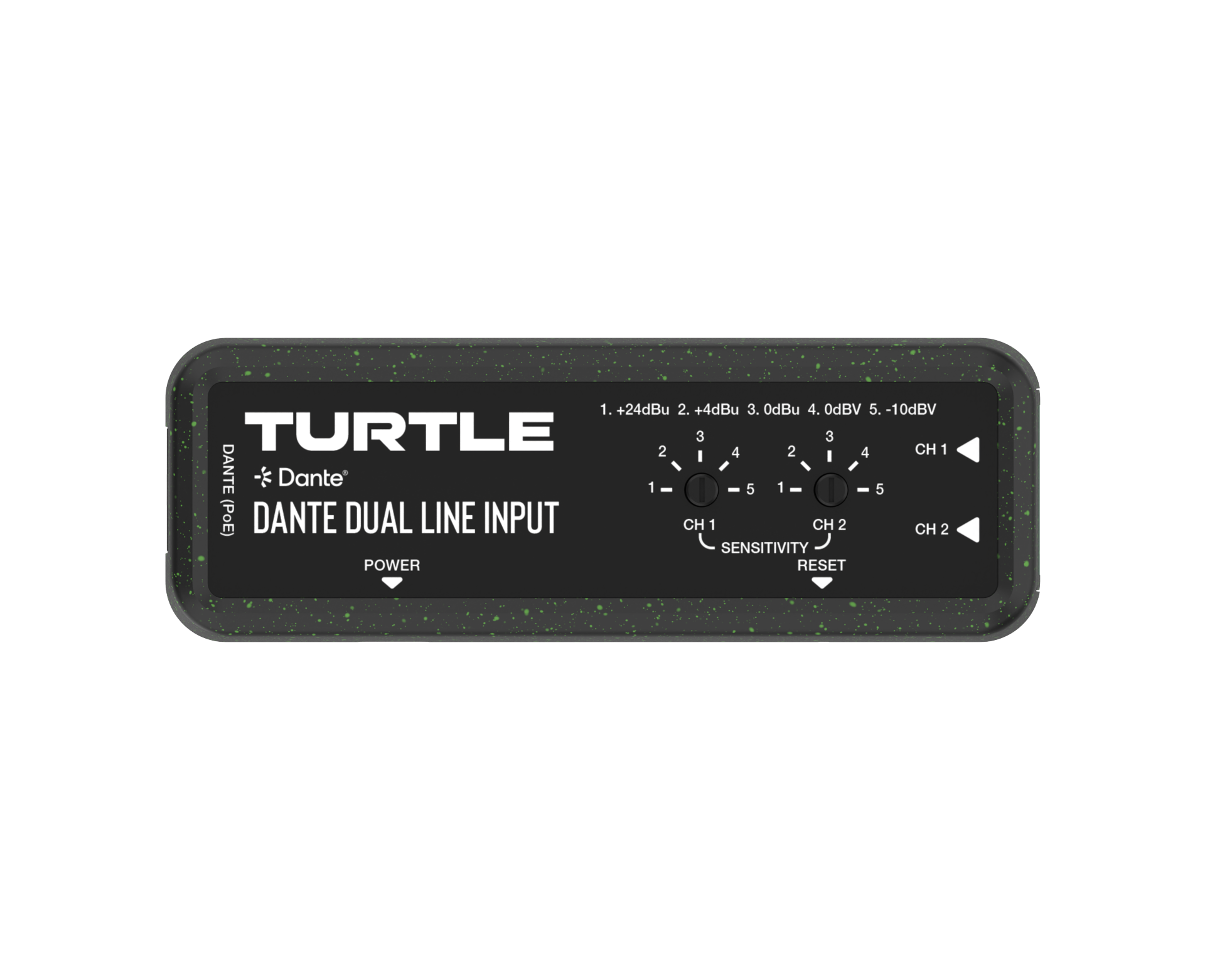 Turtle Dante Dual Channel Analog Line Input Adapter with Gain Controls.