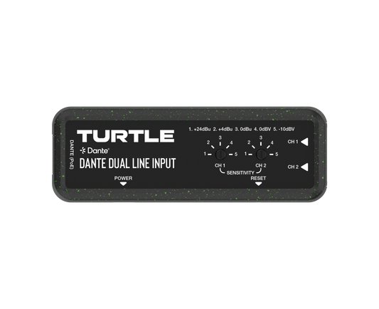Turtle Dante Dual Channel Analog Line Input Adapter with Gain Controls.