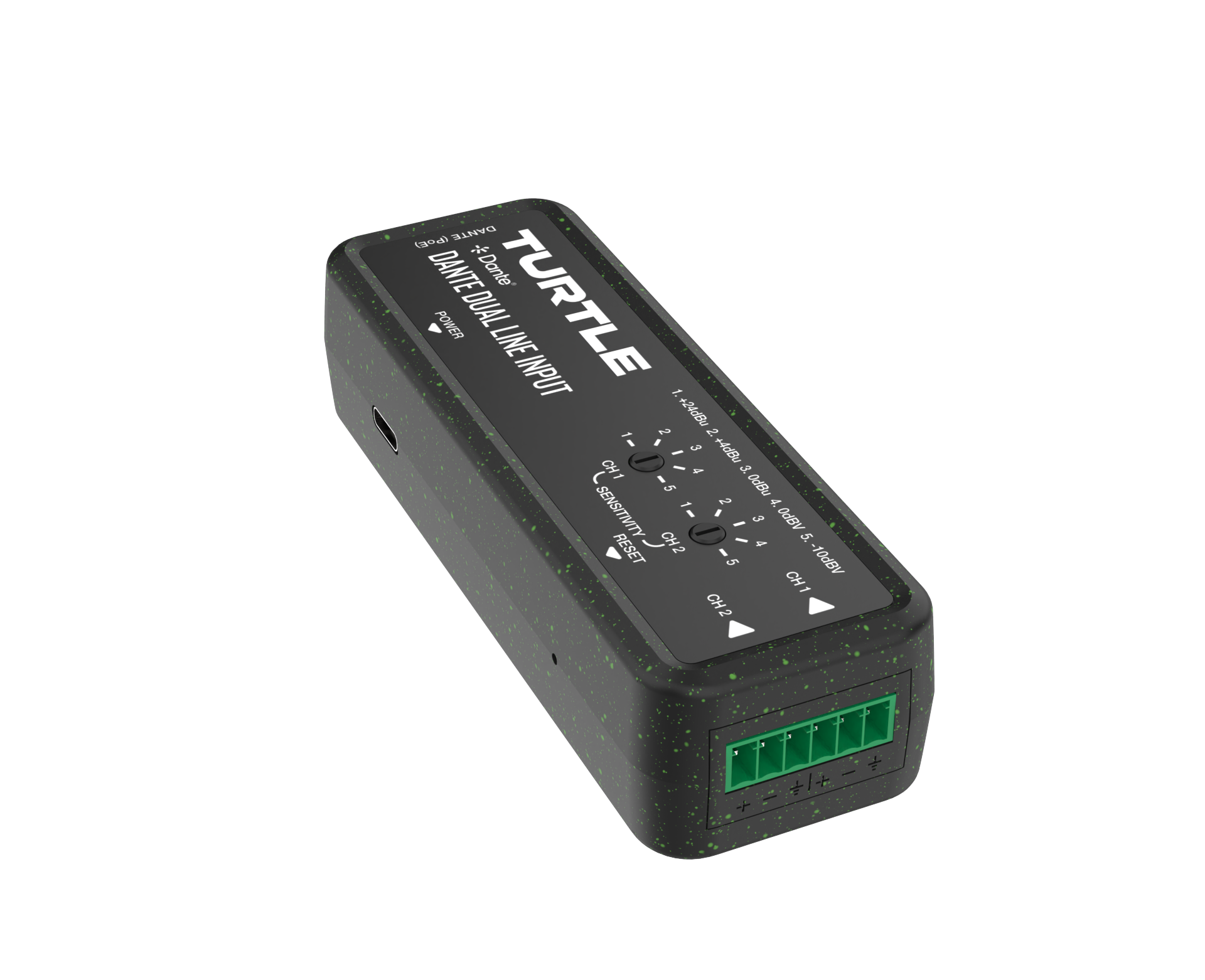 Turtle Dante Dual Channel Analog Line Input Adapter with Gain Controls.