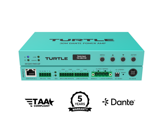 Turtle AV 30W PoE+ Dante Power Amp.