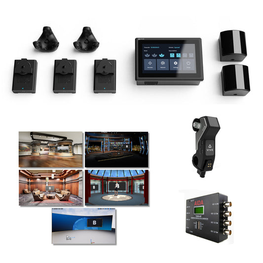 HTC Virtual Production Tracking System with Lens Tracker, Five Virtual Sets, and Sync Generator.