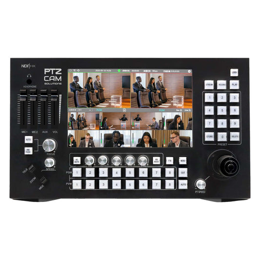 PTZCam Switch N8 NDI Switcher Bundle with Three 20X Optical Zoom PTZ Cameras.