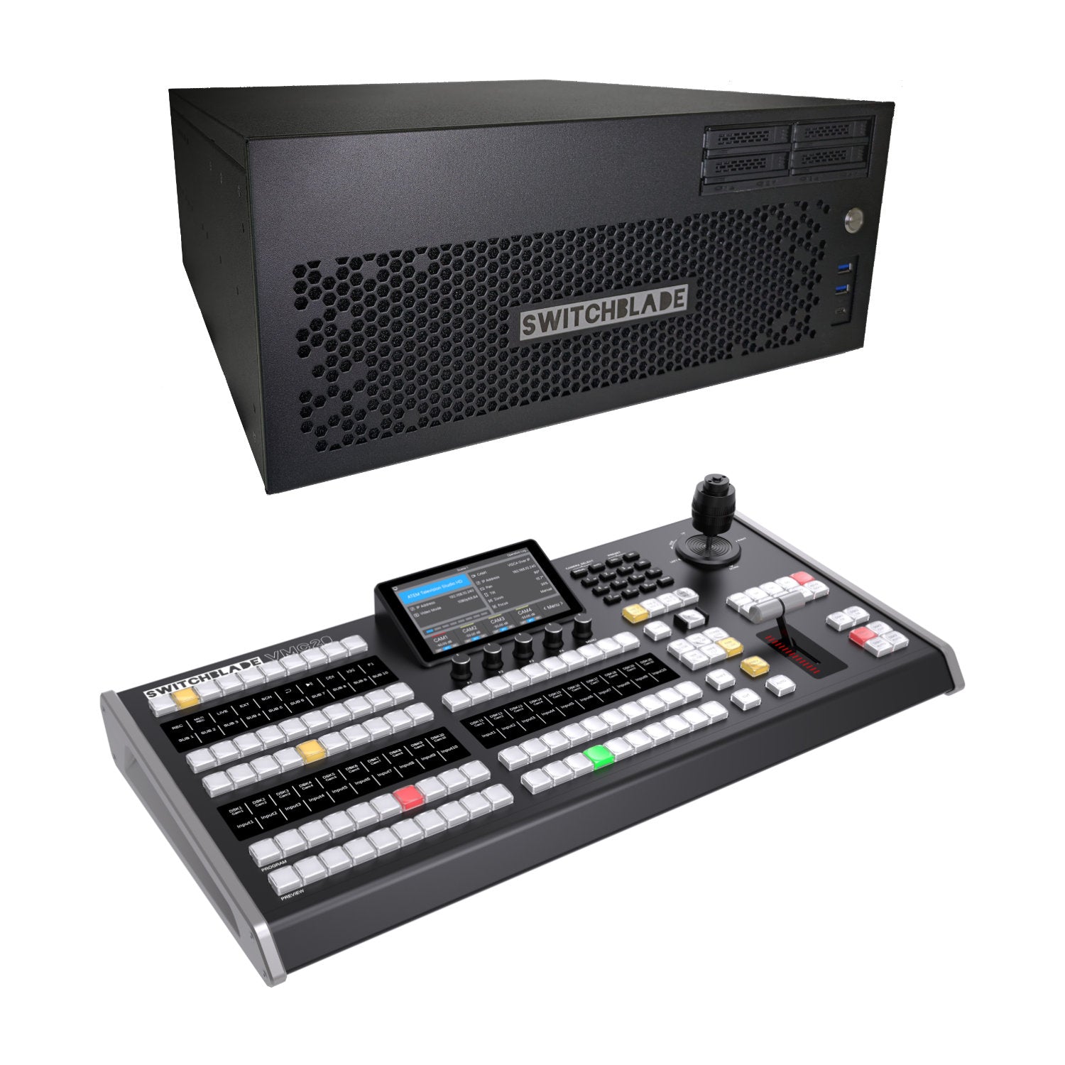 Switchblade LPU4 4U vMix 4K 16-channel SDI Production Switcher with VMC20 Control Surface.