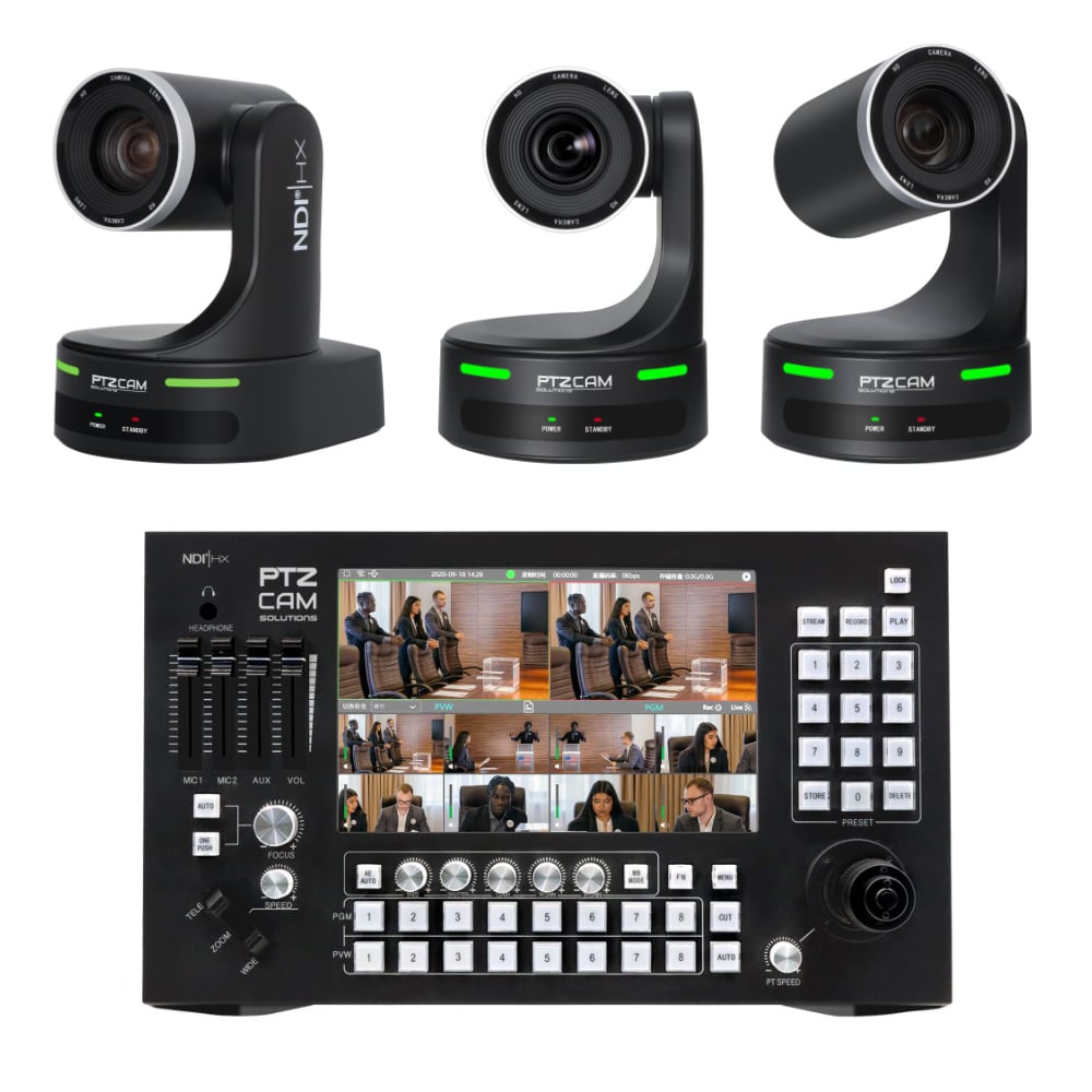 PTZCam Switch N8 NDI Switcher Bundle with Three 20X Optical Zoom PTZ Cameras.