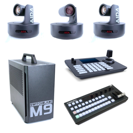 3 Camera Studio Bundle with Switchblade M9 4SDI vMix Switcher, Three (3) AIDA Imaging PTZ-NDI-X20, IP PTZ Controller, and vMix Switcher Controller