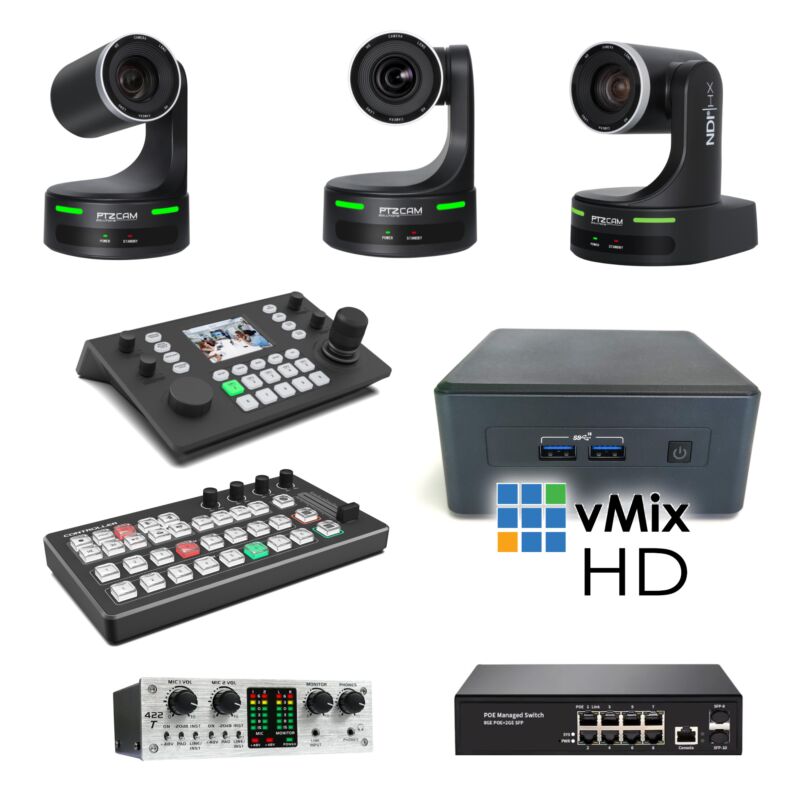 PTZCam CamKit3 Live Streaming System - 3-Camera PTZ Streaming Kit with vMix Switcher, Controllers, Network Switch, and Audio Interface