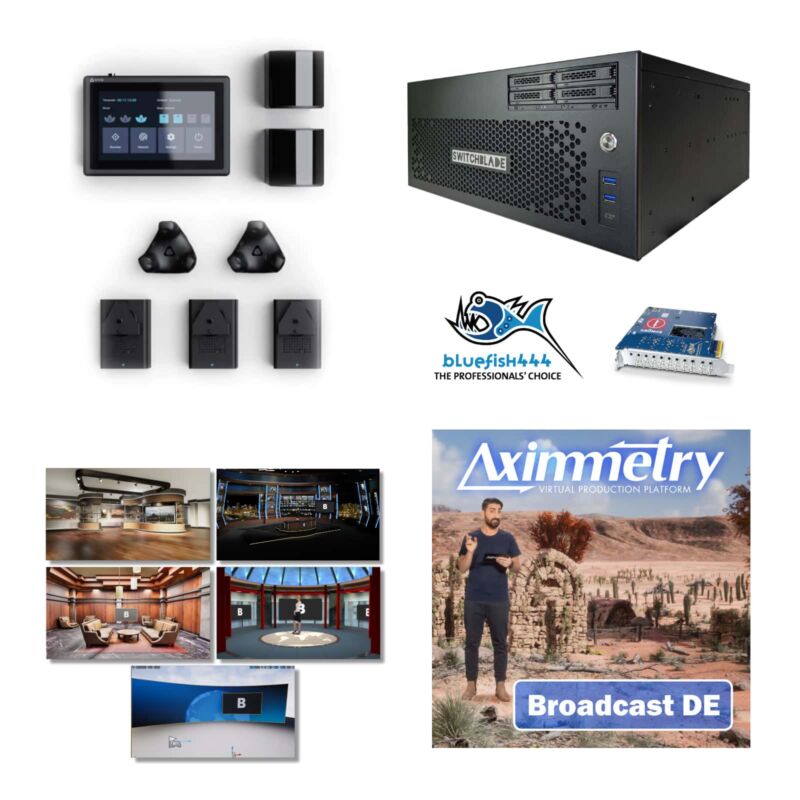 Switchblade LPU4 Enterprise Virtual Production System - 4U Rack Workstation Aximmetry Broadcast DE, Bluefish444 Kronos K8 SDI I/O, VIVE Mars CamTrack, and Five Virtual Sets